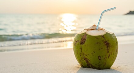 Fresh coconut drink with straw on sandy beach at sunset  