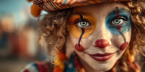 Joyful young girl with curly hair and a radiant smile is in a vibrant close-up. Her face has colorful clown paint and she wears a festive headdress.