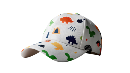 Playful Hat: A colorful, kid-friendly hat adorned with playful designs of dinosaurs, offering a fun accessory for sunny days and outdoor adventures.
