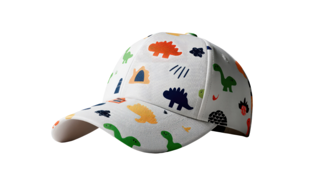 Playful Hat: A colorful, kid-friendly hat adorned with playful designs of dinosaurs, offering a fun accessory for sunny days and outdoor adventures.