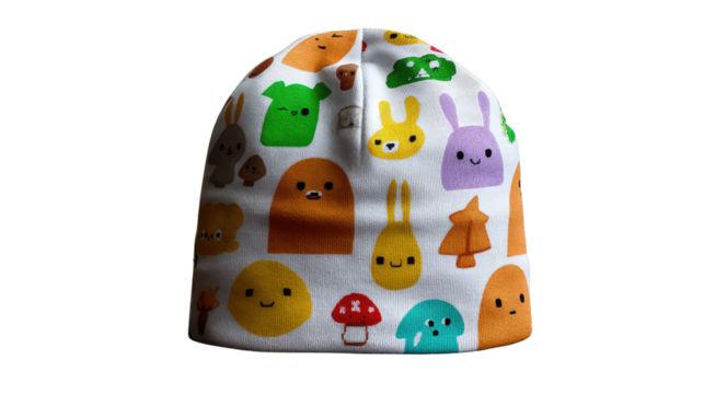 Beanie's Whimsical World: A charming beanie showcases a delightful array of playful characters and vibrant forest-inspired elements, bringing joy and color to any adventure.