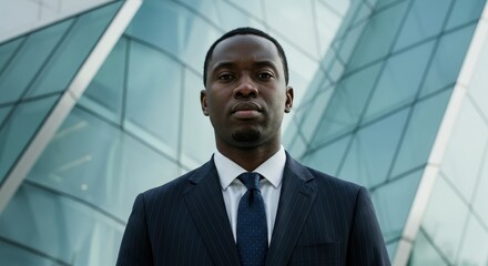 Serious businessman in a suit standing in front of a modern building.