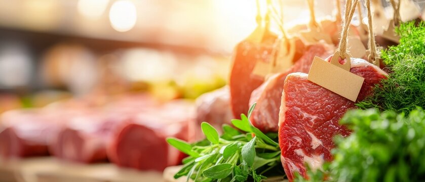 Fresh cuts of meat displayed in a market, surrounded by green herbs, showcasing a vibrant and inviting atmosphere. - Powered by Adobe