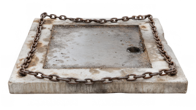 Rusty metal chains enclosing a weathered, wet square pavement section, isolated on a transparent background, creating a stark and industrial scene