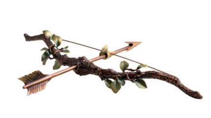 Rustic Bow and Arrow: A meticulously crafted bow and arrow, fashioned from weathered wood and metallic accents, rests gracefully. The naturalistic design speaks of adventure and skilled craftsmanship.