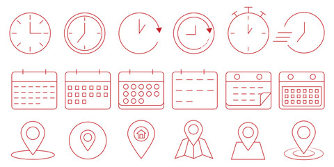 Date, Time, Address icon. place, time and date icon set. set. Time, date, location or place icon.