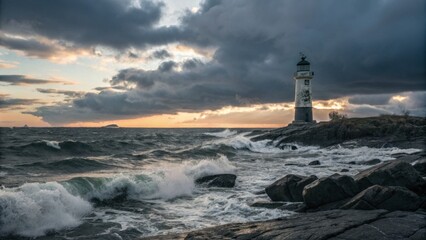 Fototapeta premium Lighthouse by ocean rocks at sunset with cloudy sky
