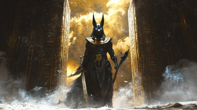 Hyper-realistic dark fantasy scene. Anubis stands tall between two colossal gates one golden, one blackened. His jackal head regal, eyes glowing faintly 