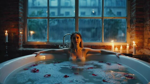 A caucasian woman relaxes in a candlelit bathtub filled with rose petals by a large window at dusk. Concept of serene self-care.