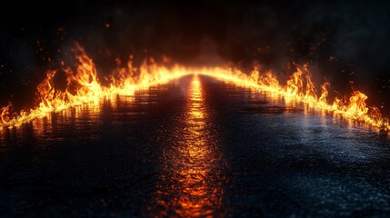 Abstract dark background with a long wet road illuminated by fierce flames