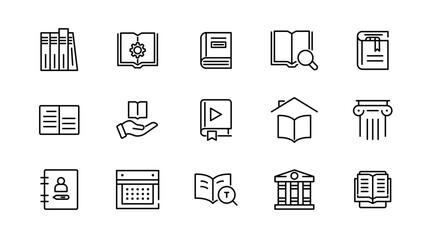 Book and reading linear icon set. knowledge, library, dictionary, ebook, school, paper, success, achievement, thinking, light bulb, genius idea outline vector icon set. UI thin line icon pack.