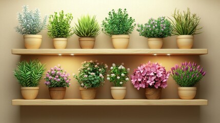 Fototapeta premium Decorative indoor plants on wooden shelves