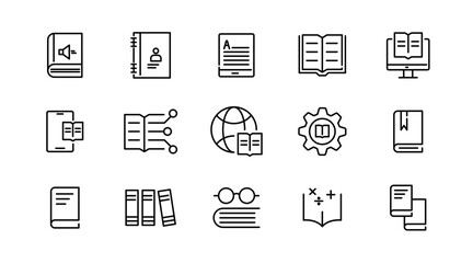 Book and reading linear icon set. knowledge, library, dictionary, ebook, school, paper, success, achievement, thinking, light bulb, genius idea outline vector icon set. UI thin line icon pack.