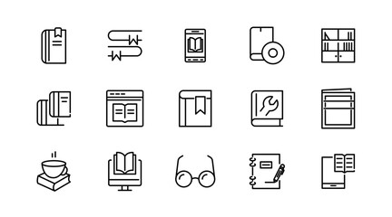 Book and reading linear icon set. knowledge, library, dictionary, ebook, school, paper, success, achievement, thinking, light bulb, genius idea outline vector icon set. UI thin line icon pack.