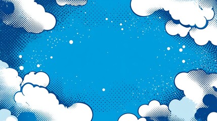 Cartoon cloud background vector illustration with blue sky and halftone effect for graphic design use