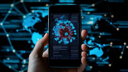 A close-up shot shows a hand holding a smartphone displaying a 3D virus model against a digital network map. Concept of pandemic data analysis. - Powered by Adobe