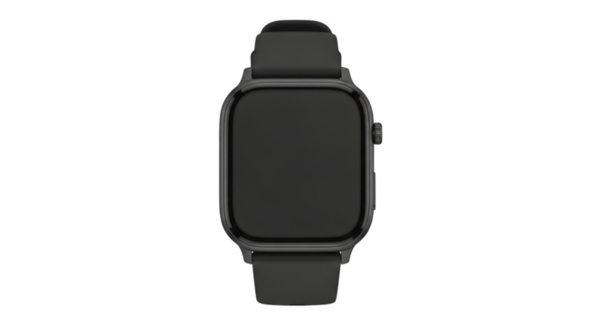 A Smartwatch on a Black Background with a Black Rubber Strap
