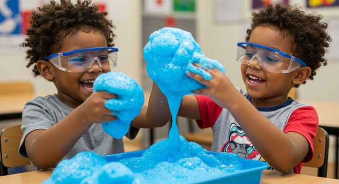 Happy kids explore science fun with amazing blue slime playful learning moments