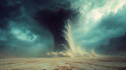 A massive tornado dominates a dusty desert landscape under a dramatic sky.