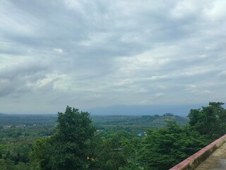 A peaceful morning sky with soft blue hues and gentle clouds above a green forest. Ideal for background use, graphic design, presentations, and travel content.
