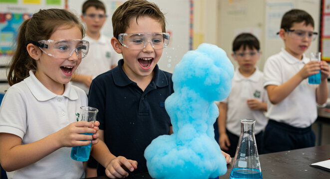 Excited kids explore science experiments bubbling with fun joyful learning explodes in the classroom