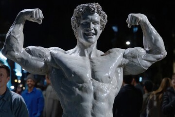 photorealistic full-length image, a young man about 30 years old, he is an antique ancient Greek statue made of marble, he stands in the middle of the night city, smiling broadly, he poses like a body