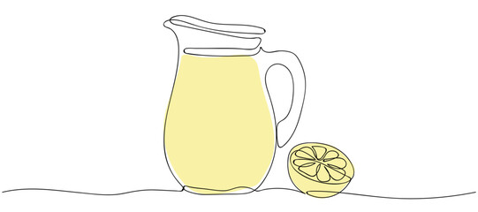 Refreshing lemon drink served in a pitcher alongside a fresh lemon slice on a minimalist background