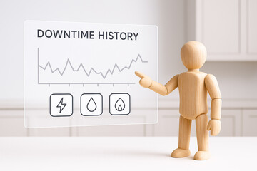 Wooden mannequin points to digital display showing line graph labeled DOWNTIME HISTORY with icons representing electricity, water, and fuel outages. scene suggests monitoring public utility