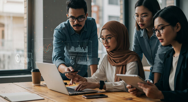 Diverse team collaborating laptop data analysis digital workplace success - Powered by Adobe