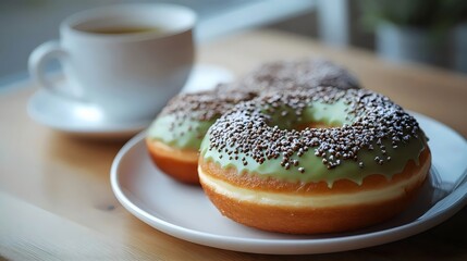 Delightful donuts with green icing and sprinkles served with coffee.