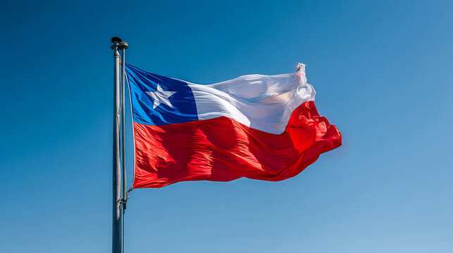 Flag of Chile waving proudly against a clear blue sky during a sunny day in a public space