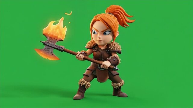 Animated Warrior Character Holding Flaming Axe in Attack Stance on Green Screen