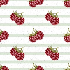 Pattern of raspberries on green and white striped background for textile design
