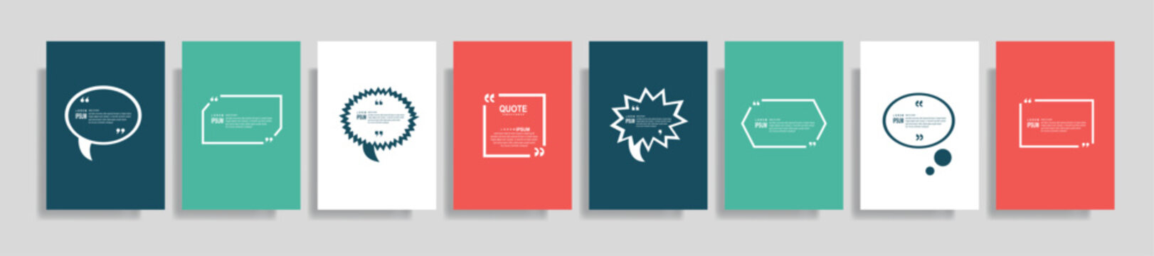 Quote frames blank templates set. Text in brackets, citation empty speech bubbles, quote bubbles. Textbox isolated on color background. Vector illustration