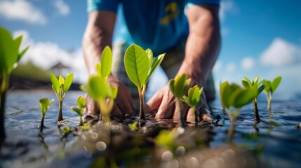 A person planting mangrove seedlings in shallow water, promoting environmental conservation and restoration of coastal ecosystems.