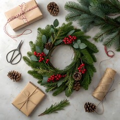 Christmas wreath making flatlay with gifts and greenery