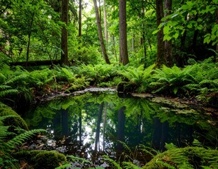 Obraz premium Lush forest reflecting in a still pond