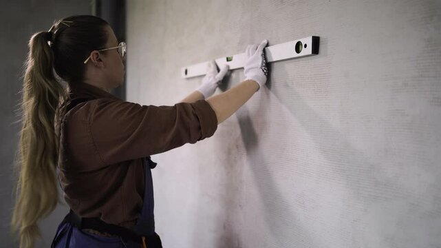 DIY handyman woman using spirit level to measurement on wall and making marks with pencil.