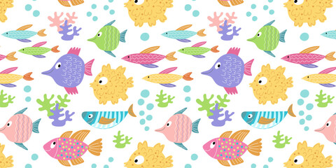 Colorful cartoon underwater pattern with fish, coral, seaweed, and bubbles. 
Perfect for kids’ fabric, ocean-themed decor, and educational designs.