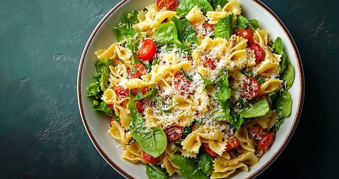 A bird's-eye view of a pasta salad with tomatoes and spinach in a white bowl on a dark, textured background