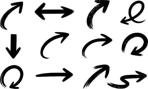 Vector set of 12 hand-drawn black brushstroke arrows (4x3 grid) with unique curved, straight, bold, and textured styles. Perfect for creative presentations, infographics, and graphic design