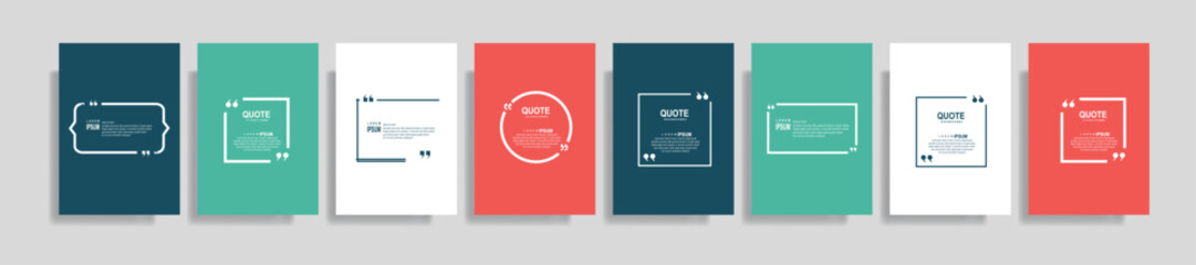 Collection of blank quote frame templates. Text in brackets, empty quote speech bubble, quotation. Text box isolated on color background. Vector illustration