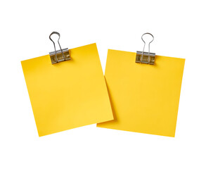 Dual yellow sticky notes with binder clips for office or school use on transparent background, PNG