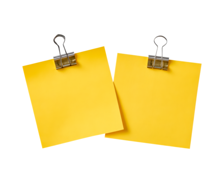Dual yellow sticky notes with binder clips for office or school use on transparent background, PNG - Powered by Adobe