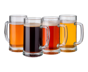 Selection of four assorted craft beer mugs with dark and light variants on transparent background, PNG