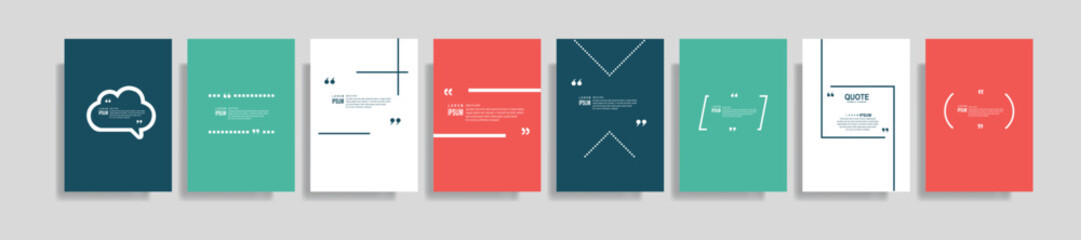 Collection of blank quote frame templates. Text in brackets, empty quote speech bubble, quotation. Text box isolated on color background. Vector illustration