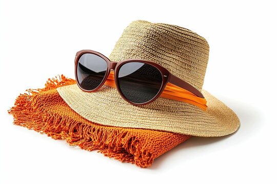 A beach scene with a blue bottle, a straw hat, and sunglasses.  , isolated on white background.