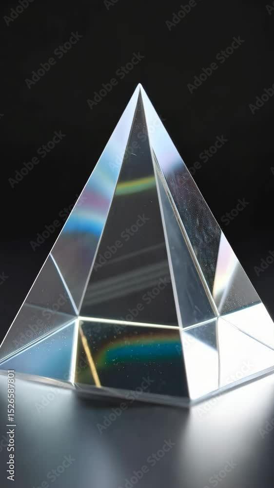 Poster crystal pyramid prism refracting light, creating rainbow spectrum effect, placed on a reflective sur