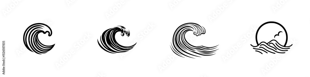 Poster icon set showcasing various wave designs representing ocean and water elements, suitable for digital