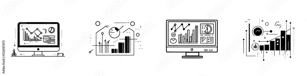 Poster collection of black and white icon set displaying various data visualization techniques on computer 
